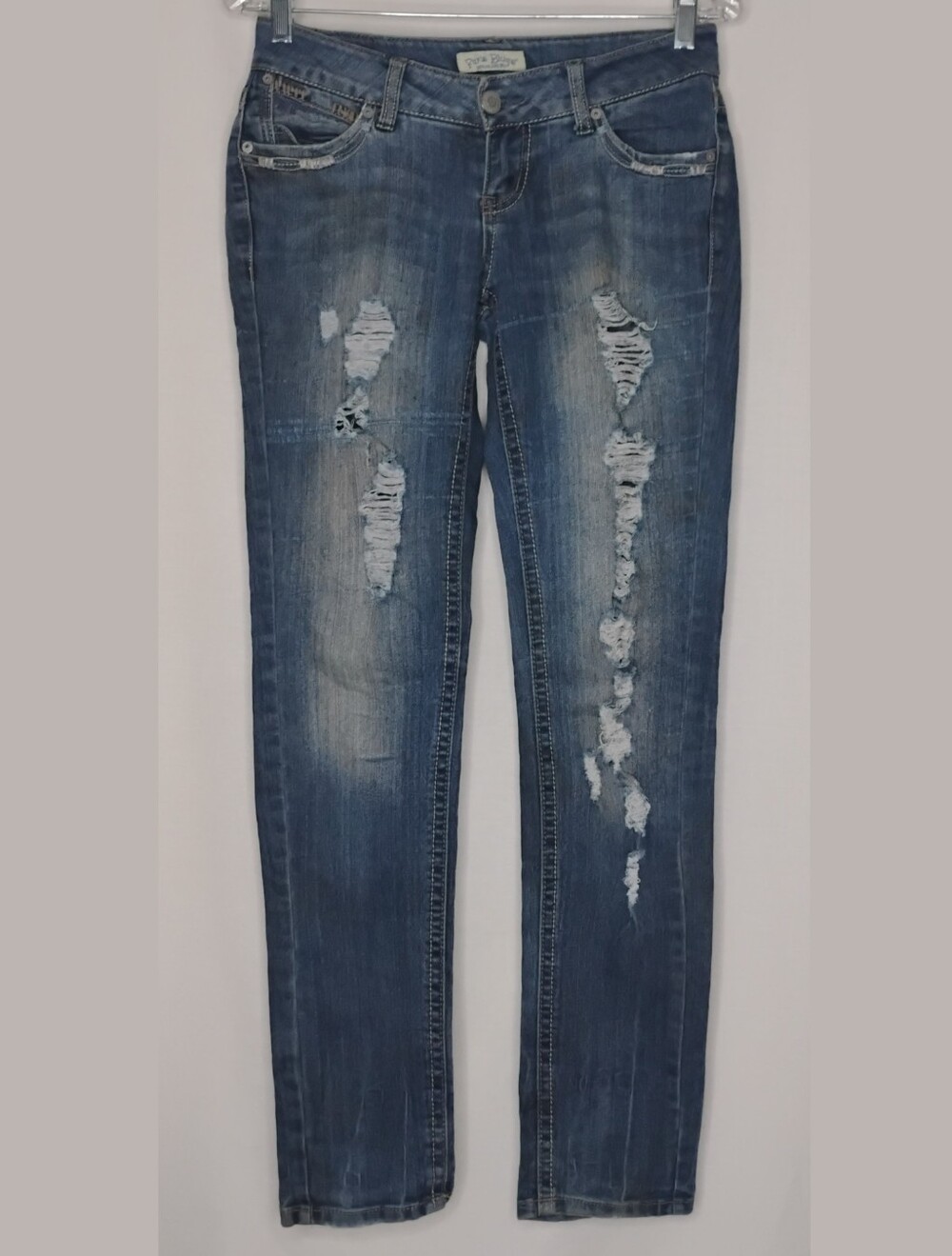 Women's Size 3 Juniors Paris Blues Distressed Ripped Blue Skinny Jeans Low Rise